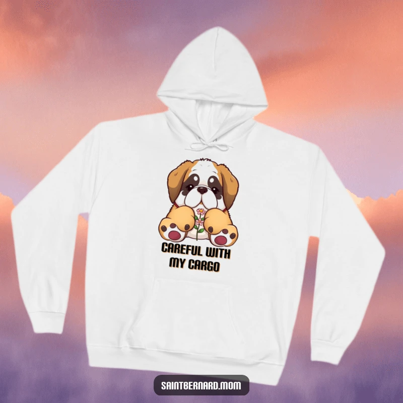 Funny Saint Bernard hoodie depicting a dog with enormous paws gently carrying a tiny flower, emphasizing warmth and love.