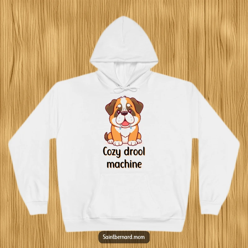 Funny Saint Bernard dog hoodie featuring characteristic warm drool, a hilarious and cozy gift for dog fans.