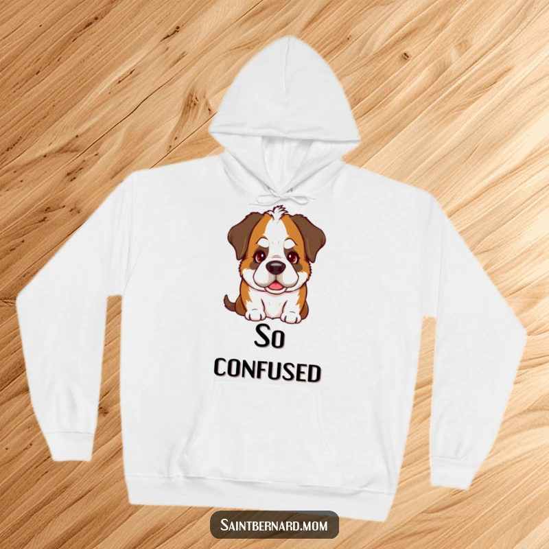 Funny Saint Bernard hoodie featuring a dog with a comical head tilt and a very warm, inviting gaze, perfect for cozy days.
