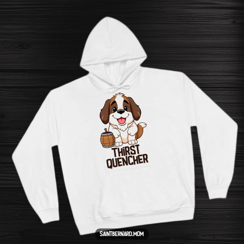 Funny Saint Bernard hoodie showing a large, happy Saint Bernard dog with a friendly grin and a barrel, radiating warmth and comfort.