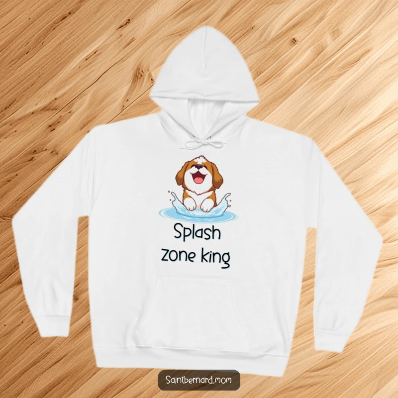 Funny Saint Bernard hoodie showing a happy Saint Bernard dog joyfully barking and splashing in water, radiating playful energy.