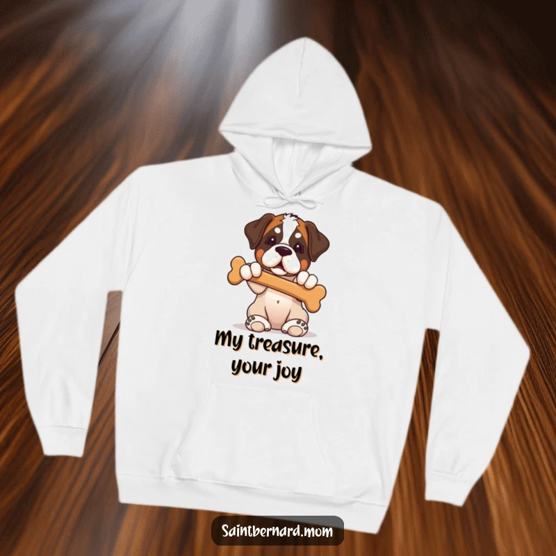 Funny Saint Bernard puppy hoodie showing a sweet dog sitting politely, offering a large bone with hopeful eyes.