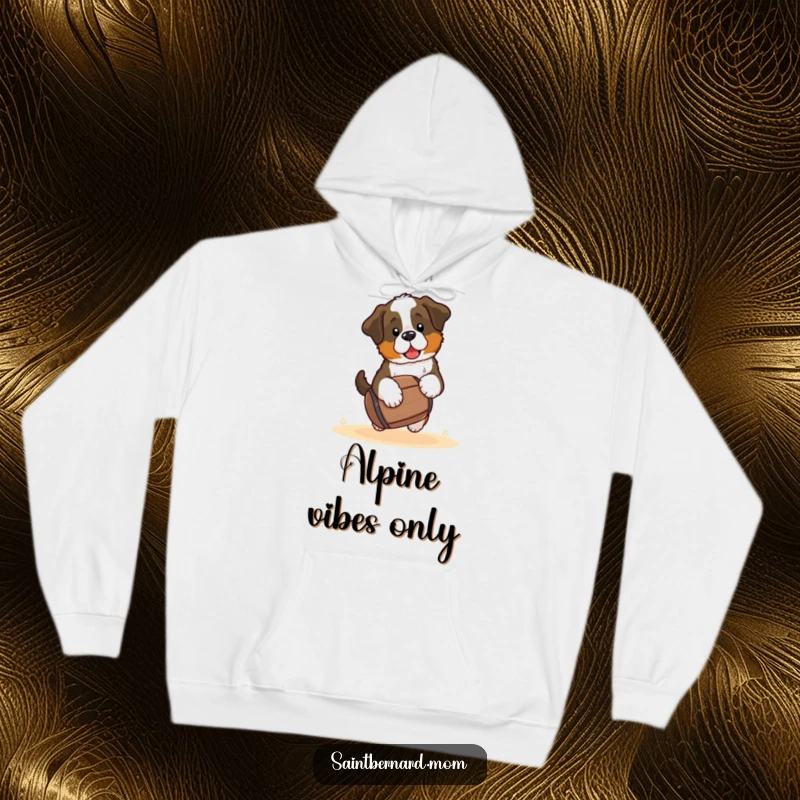 Funny Saint Bernard puppy hoodie, a kawaii dog heroically carrying a small barrel, ultra-cozy and perfect as a heartwarming gift.