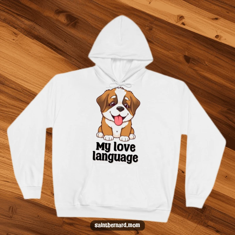 Funny Saint Bernard puppy hoodie, a smiling dog offering a big lick, cozy and warm, perfect for spreading joy and affection as a gift.