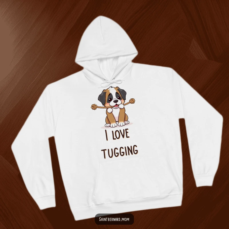 Funny Saint Bernard puppy hoodie, a dog playfully tugging on a sturdy rope, full of energy and determination, cozy and fun gift.