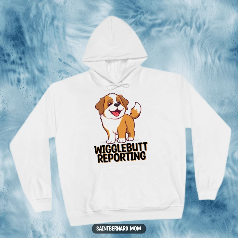 Funny Saint Bernard hoodie showing a happy dog whose entire body shakes with the force of its enthusiastic tail wag.