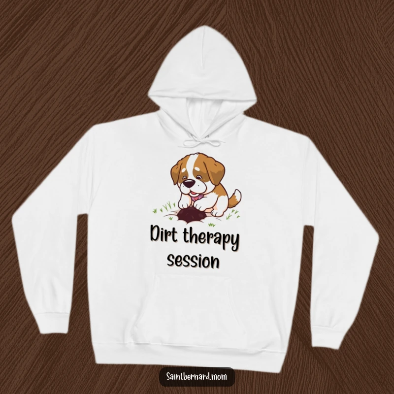 Funny Saint Bernard Lady Hoodie, happily digging a small hole with pure contentment, offering warmth and a humorous dog design.