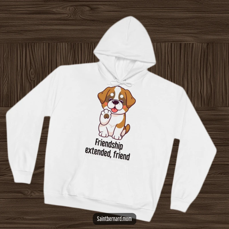 Funny Saint Bernard hoodie, kawaii dog offering a paw in friendship, cozy and warm, perfect for dog lovers.