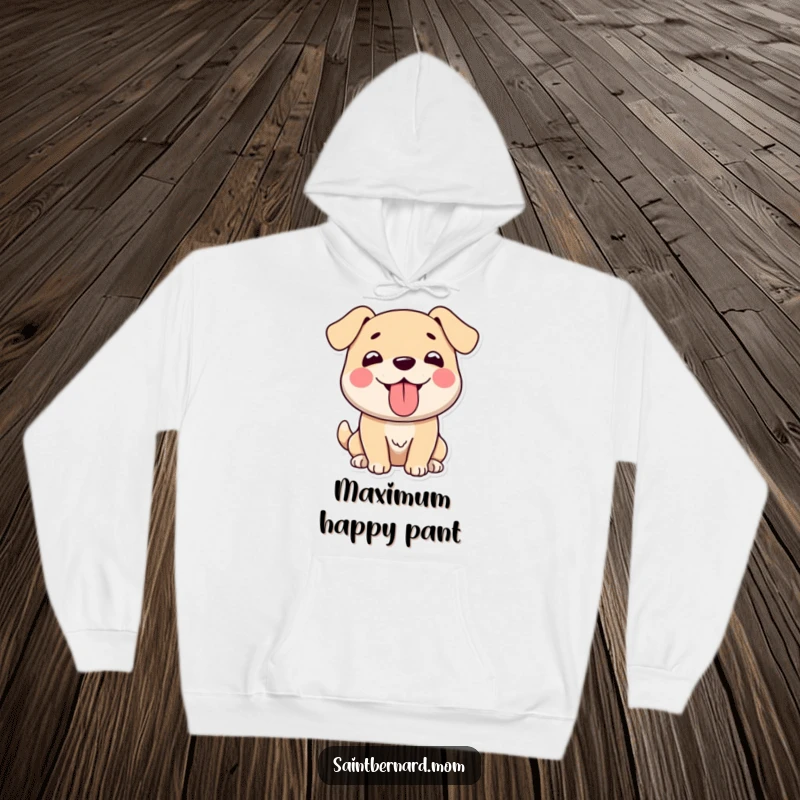 Funny hoodie featuring a large, gentle dog character joyfully panting with its tongue hanging out, a symbol of pure contentment.