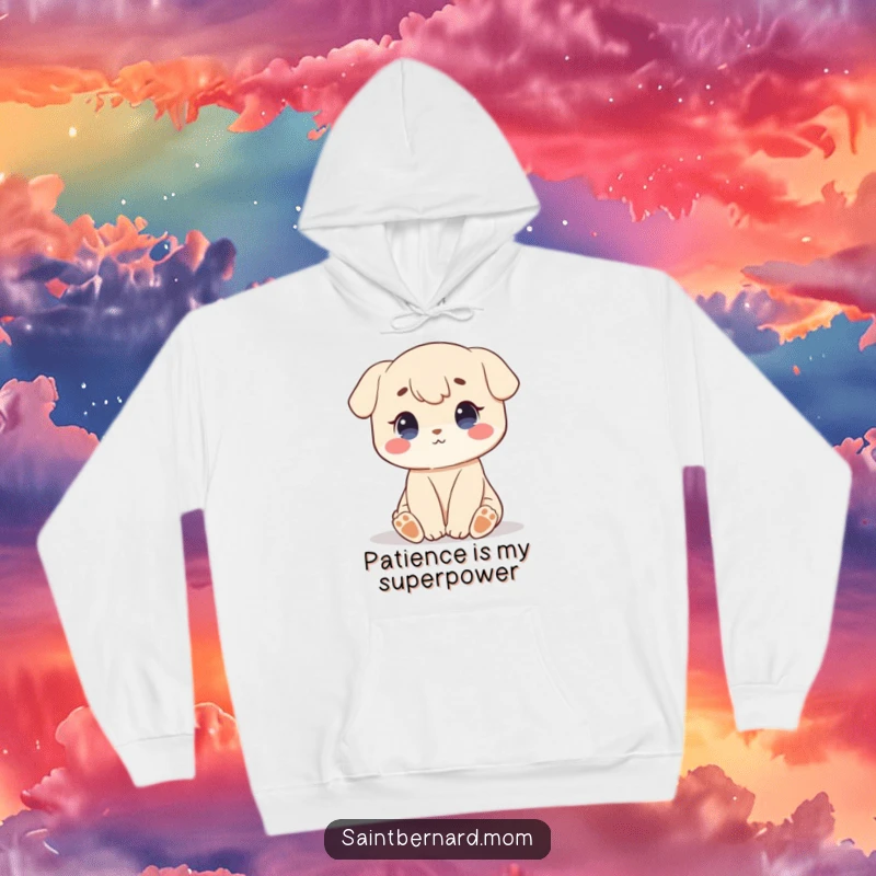 Funny hoodie design of a character sitting patiently with a sweet, calm demeanor, offering cozy comfort and serene appeal.