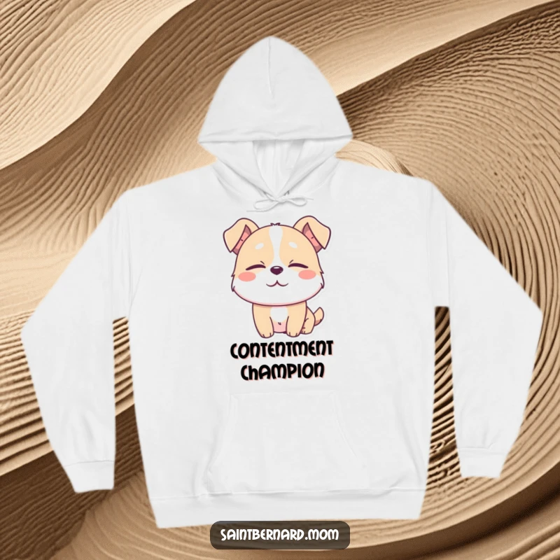Funny hoodie featuring a dog character in a state of absolute contentment, eyes softly half-closed, radiating ultimate peace and comfort.