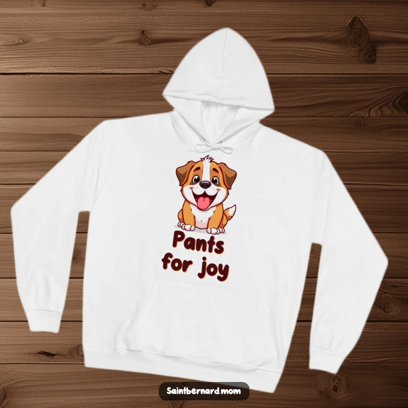 Funny Saint Bernard dog character with a happy, excited panting expression on a cozy hoodie.