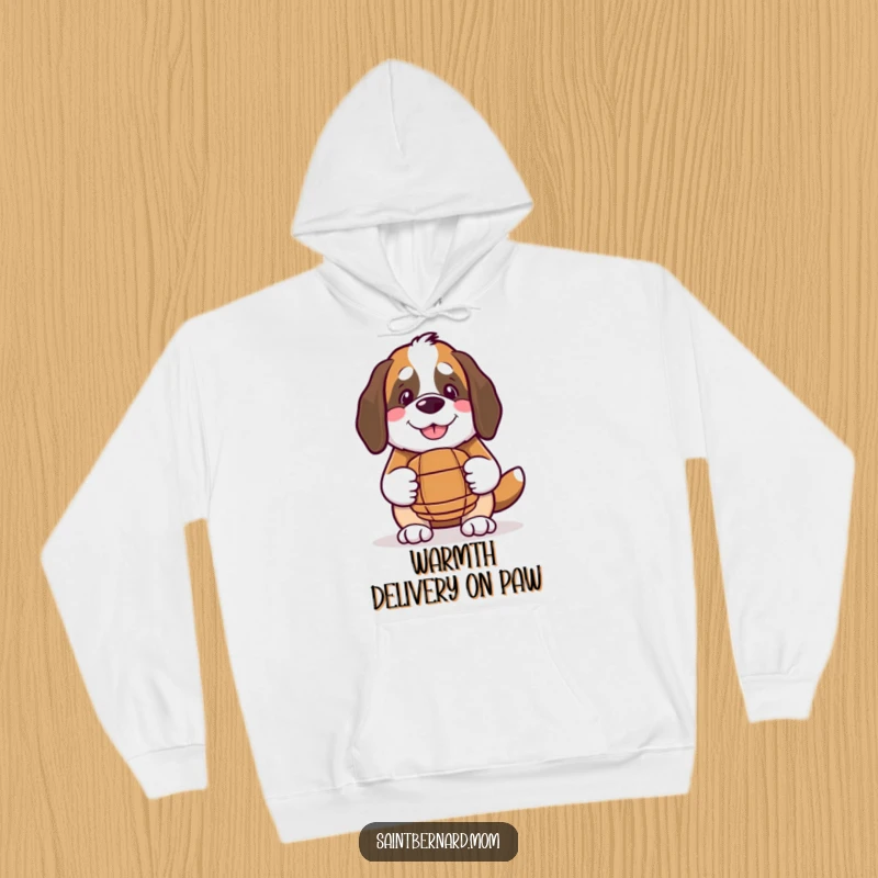 Funny Kawaii Saint Bernard hoodie, featuring a cheerful dog holding a small barrel, ideal for cozy days and dog lovers.