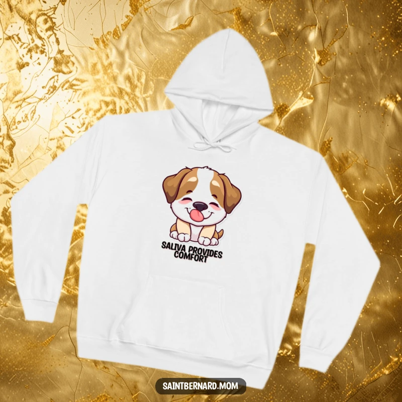 Funny Saint Bernard dog character offering a comforting lick, depicted on a soft and warm hoodie.
