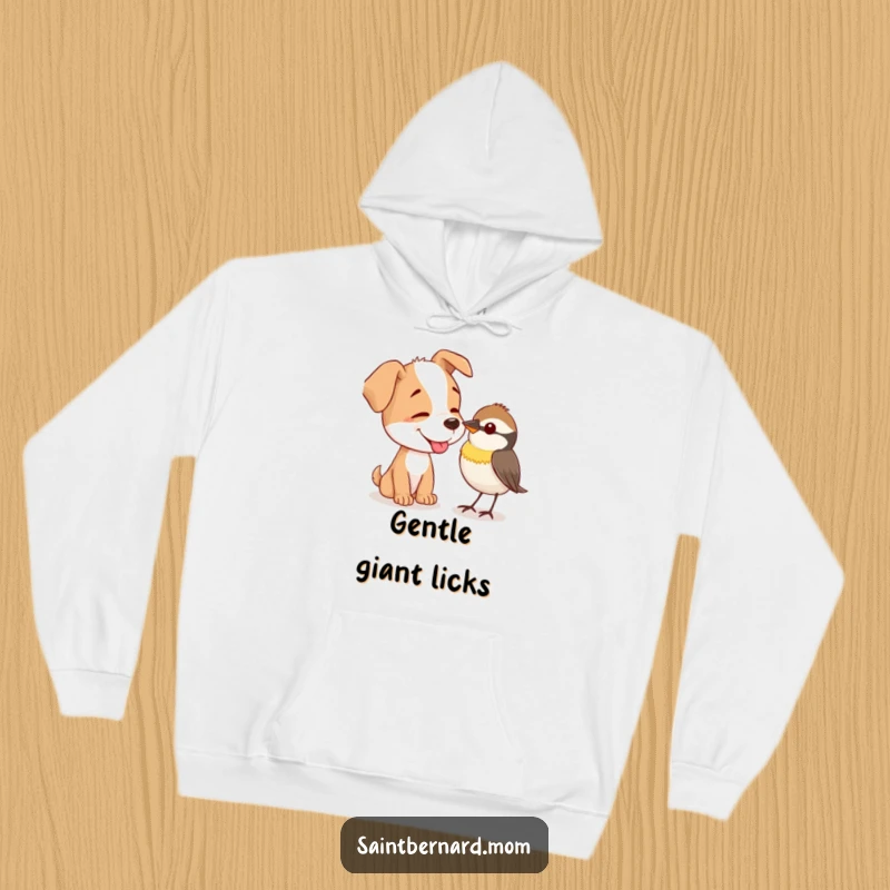 Funny Hoodie: A dog gently offers a lick to a tiny, curious bird, depicting a moment of tenderness and interspecies friendship.