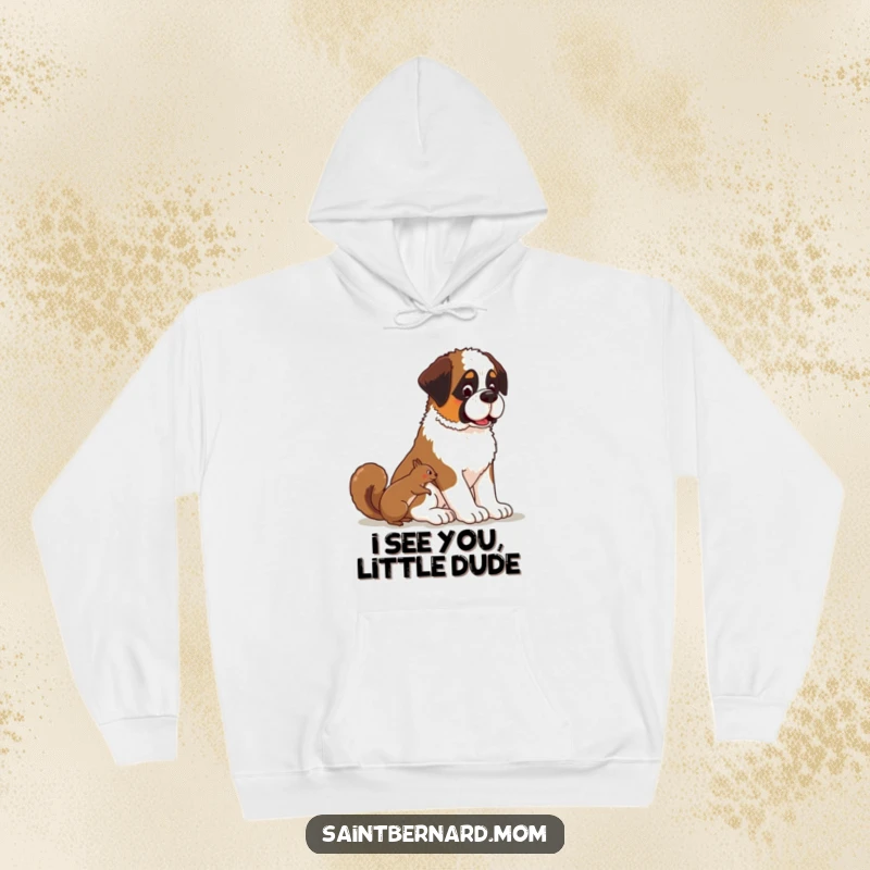Funny Kawaii Saint Bernard dog hoodie, soft and warm with a patient pup observing a squirrel, perfect for thoughtful moments.