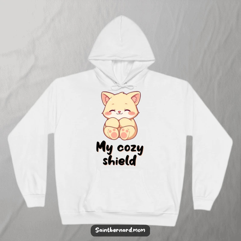 Funny hoodie with a character’s large, soft paws curled protectively, offering a visual representation of comfort, security, and gentle guardianship.