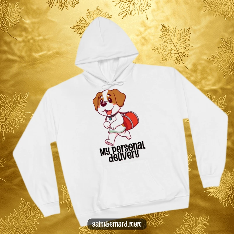 Funny Saint Bernard Lady Hoodie featuring a Saint Bernard dog carrying a little red barrel, looking helpful and approachable.