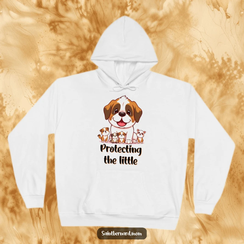 Funny Saint Bernard dog character protectively watching smaller animals on a cozy hoodie.