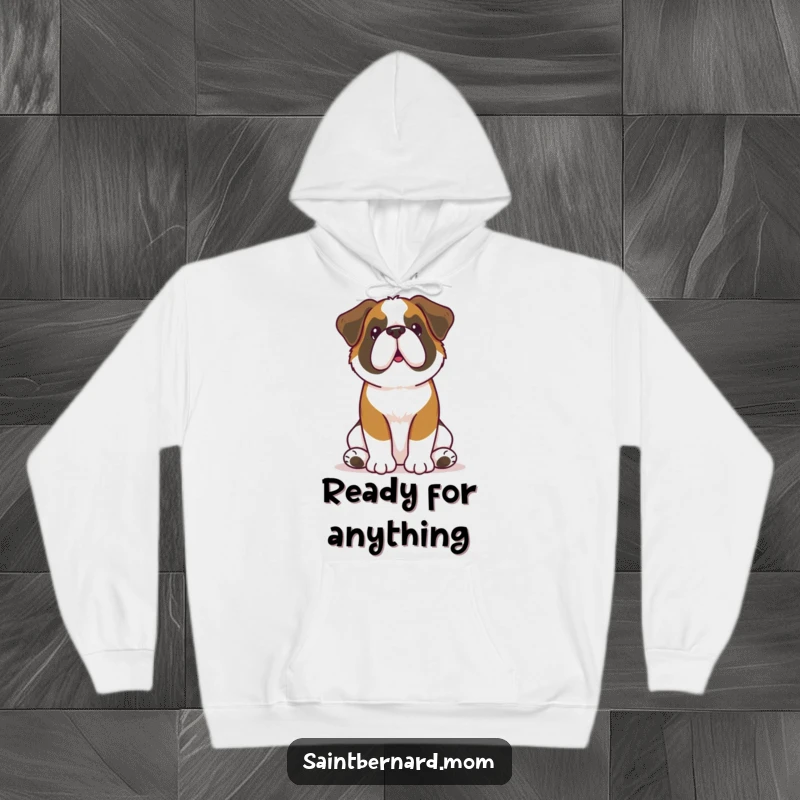 Funny Kawaii Saint Bernard hoodie showing a large dog sitting attentively with perked ears, offering cozy comfort and humorous loyalty.