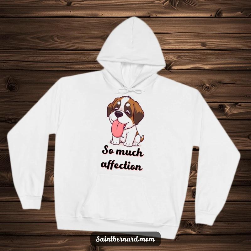 Funny Kawaii Saint Bernard hoodie depicting a large dog giving a giant, slobbery, happy lick, offering cozy comfort and humorous affection.