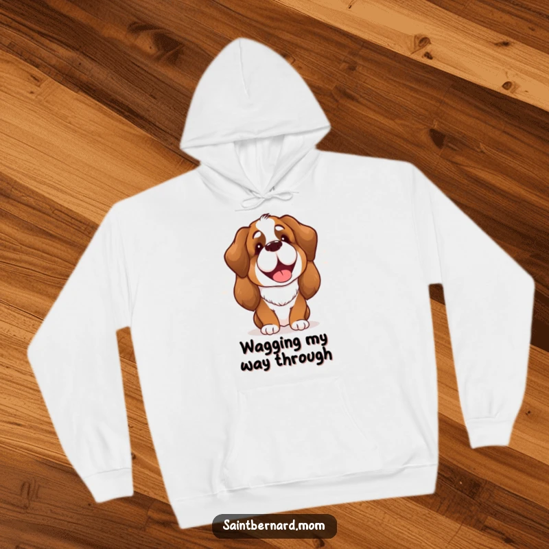 Funny Saint Bernard Lady Hoodie depicting a very cheerful dog with a big, happy bark, embodying pure delight and friendly energy.