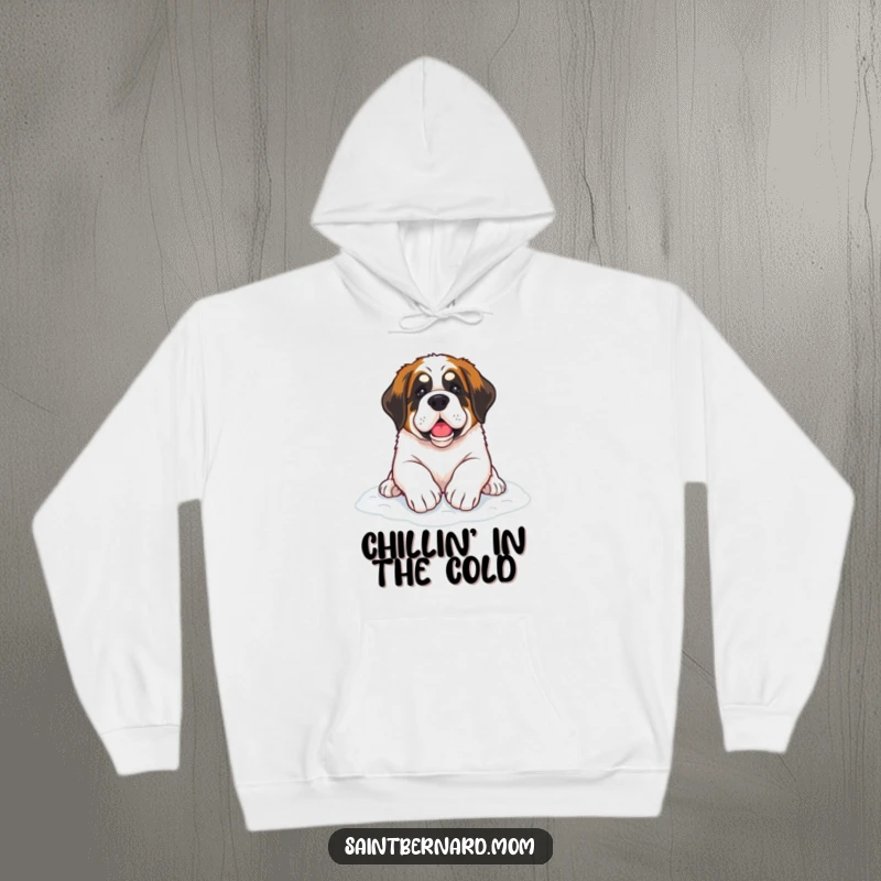 Funny Saint Bernard dog hoodie with paws comfortably resting on soft snow, a warm and humorous gift.