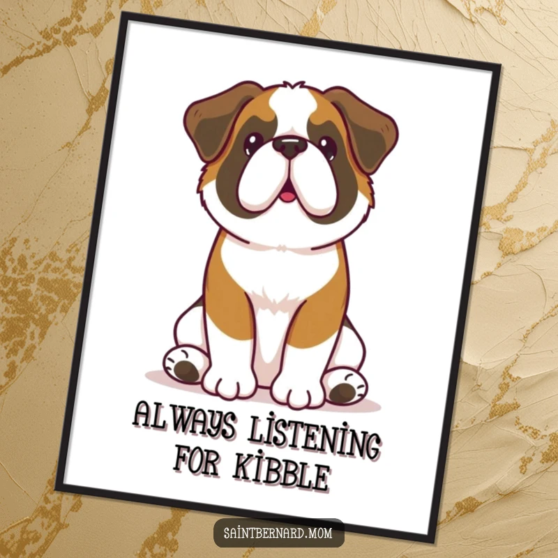 Free Printable Wall Art: Kawaii Saint Bernard sitting attentively with perked ears, a loyal and charming presence.
