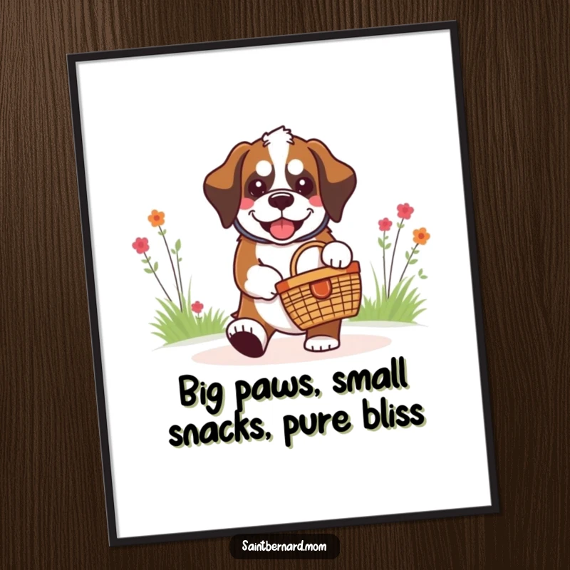 Funny Free Printable Wall Art: A grinning kawaii Saint Bernard proudly carries a miniature picnic basket.