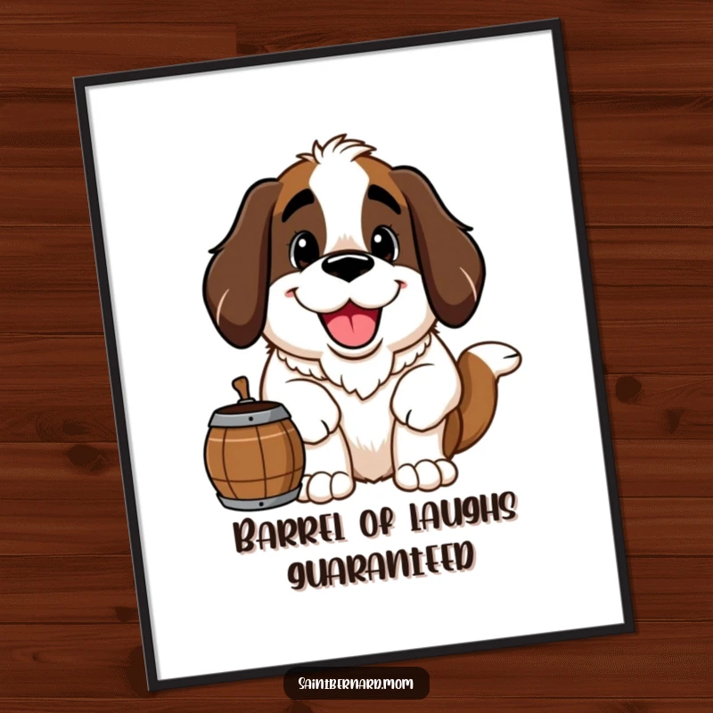 Funny Free Printable Saint Bernard Wall Art: Large happy dog with a friendly grin and a barrel.