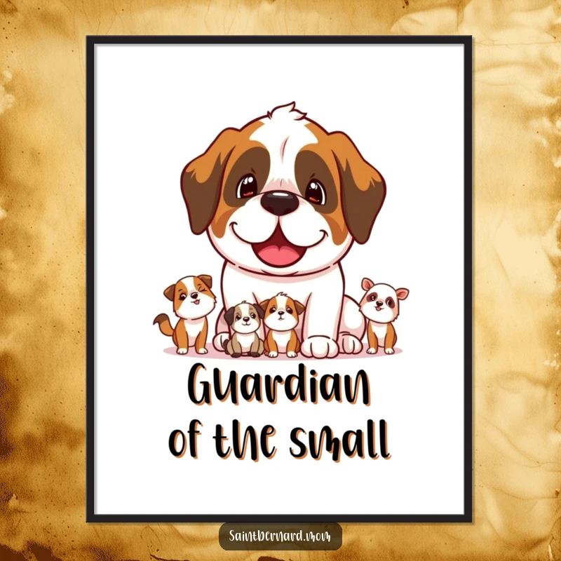 Funny Free Printable Saint Bernard Wall Art featuring a joyful dog protectively watching over small animals, adding warmth to decor.