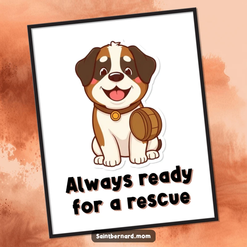 Funny Free Printable St Bernard Wall Art: Cute dog wearing a tiny barrel around its neck, exuding a pleased expression.