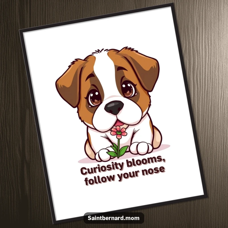 Funny Free Printable Wall Art of a Kawaii Saint Bernard with curious eyes, gently sniffing a tiny flower, capturing a moment of wonder.