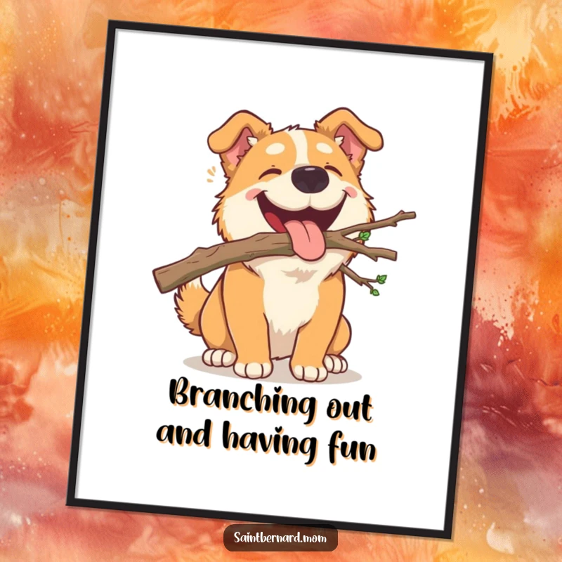 Funny Free Printable Wall Art: A large dog with a happy expression carries a small, fallen branch in its mouth.