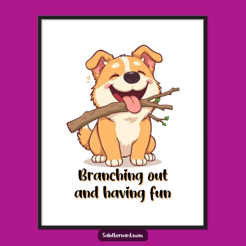 Free Printable Wall Art: Dog Carrying Branch, Joyful Outdoor Scene Downloadable