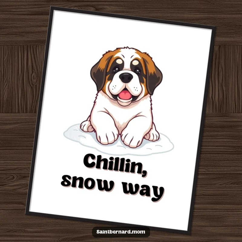 Free Printable Wall Art: A majestic Saint Bernard dog with its paws resting comfortably on a blanket of fluffy snow.