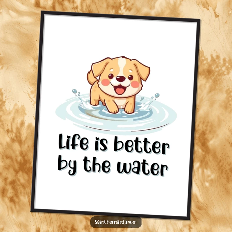 Funny Free Printable Wall Art: A dog happily wades through shallow water, creating playful splashes in a charming scene.