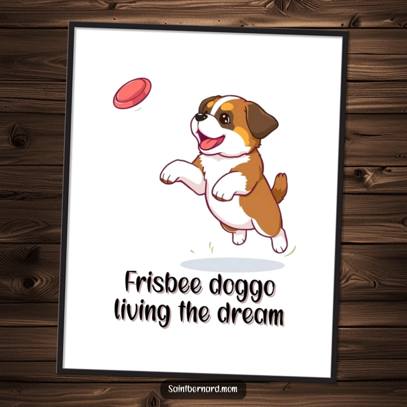 Funny Free Printable Wall Art: Energetic Saint Bernard puppy leaping high, focused on catching a frisbee, full of action.