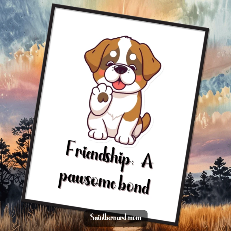 Funny Free Printable Wall Art: A cute Kawaii Saint Bernard offers a gentle paw, exuding friendliness and warmth.