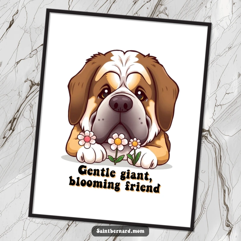 Funny Free Printable St Bernard Wall Art: Massive dog with gentle eyes playfully nudging a tiny, smiling flower.