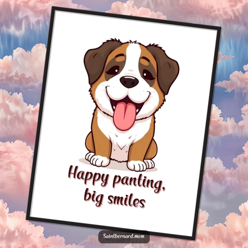 Funny Free Printable Wall Art: A Saint Bernard lady animal enthusiastically panting with pure, unadulterated joy and happiness.