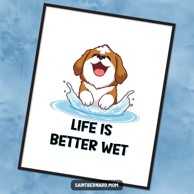 Funny Free Printable Saint Bernard Wall Art: Joyful dog barking and splashing playfully in water.
