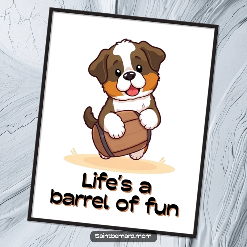 Funny Free Printable Wall Art: Kawaii Saint Bernard puppy playfully carrying its barrel, bringing smiles and cheer to any room.