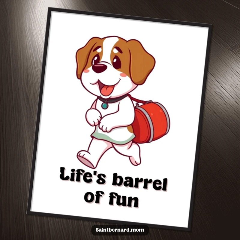 Funny Free Printable Wall Art: A Saint Bernard dog carrying a small red barrel, bringing a whimsical touch to your decor.