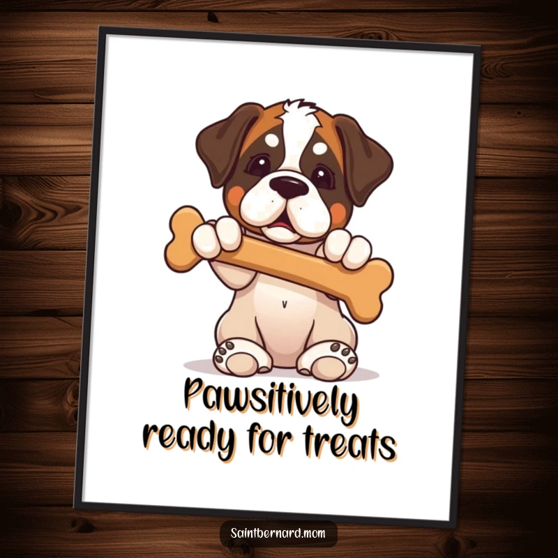 Funny Free Printable Wall Art: Saint Bernard puppy sits patiently, paws raised, offering a large bone with a sweet expression.