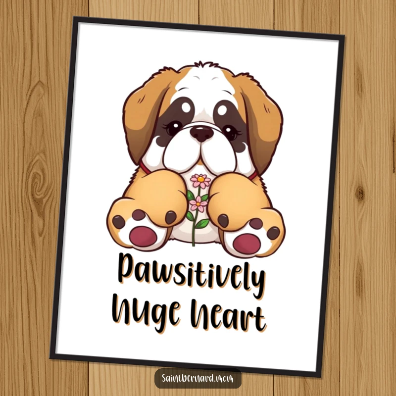 Funny Free Printable Wall Art: A Saint Bernard character with massive paws gently presenting a single small flower.