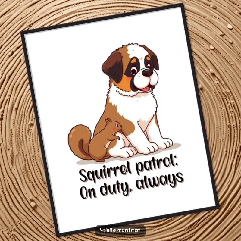 Funny Free Printable Wall Art: Kawaii Saint Bernard sits patiently, watching a playful squirrel, bringing a sense of calm and observation to your walls.