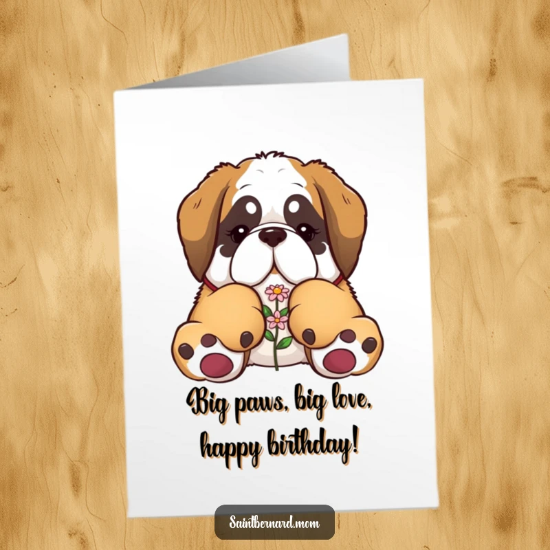 Funny Free Printable Birthday Card: Saint Bernard with huge paws carefully holding a small flower, bringing birthday cheer.