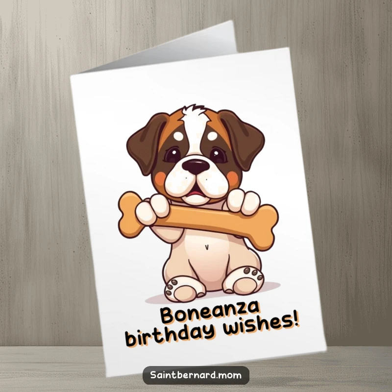 Funny Free Printable Birthday Card: Saint Bernard puppy sitting, paws raised, proudly offering a giant bone.