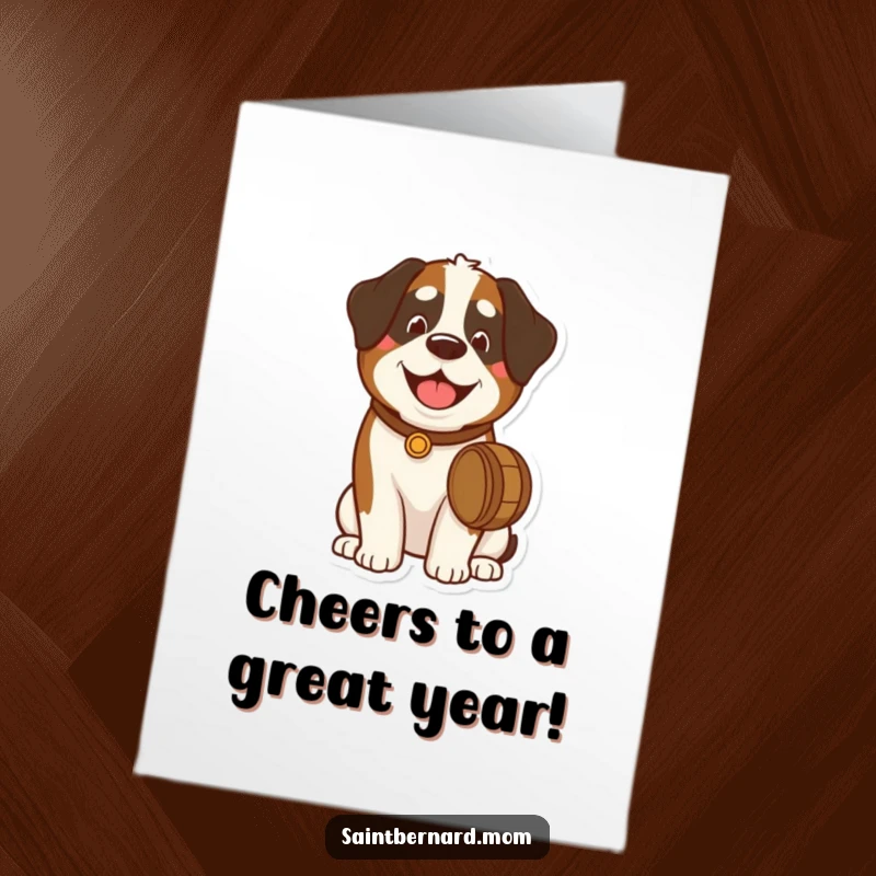 Funny Free Printable St Bernard Birthday Card: Cute dog wearing a tiny barrel around its neck, looking very pleased.